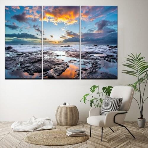 Canvas Prints Paintings Modern Home Decor 3 Pieces Blue Sky Seaside Reef Pictures Sunset Seascape Poster Wall Art Framework