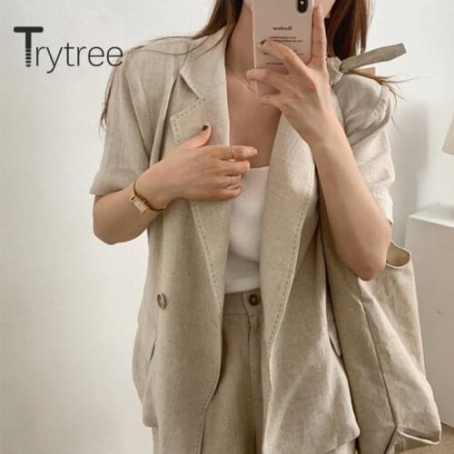 Trytree 2020 Summer Women Two piece set Casual Turn-down Collar Solid Suit Coat Top + Shorts Wide leg pants Set 2 Piece Set