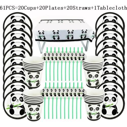 Hot Sale 61Pcs/31Pcs Cute Panda Theme Child Girls Birthday Wedding Flexible Straws Paper Cups Plates Panda Decoration Supply
