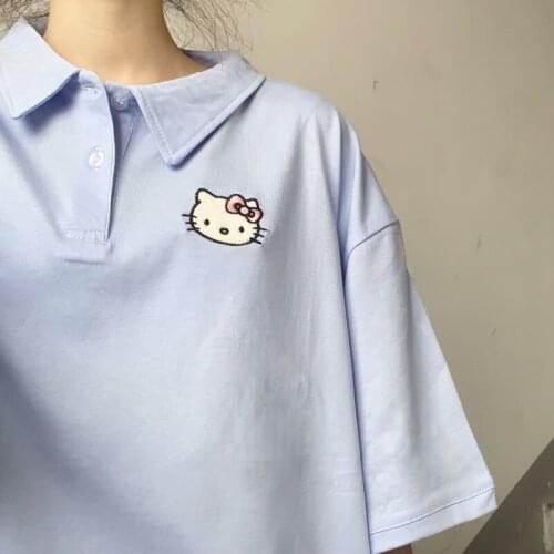 Harajuku Cartoon Embroidered Polo Shirt Girl Fashion WomenS Shirt Summer Japan Kawaii Harajuku Anime Tops Street Women