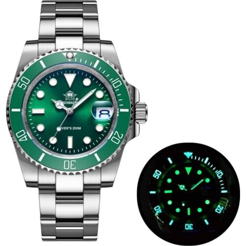 Addies Dive Men 200M Diving Series Watch Green Quartz Watch Calendar Display Stainless Steel Strap Super Luminous Watches