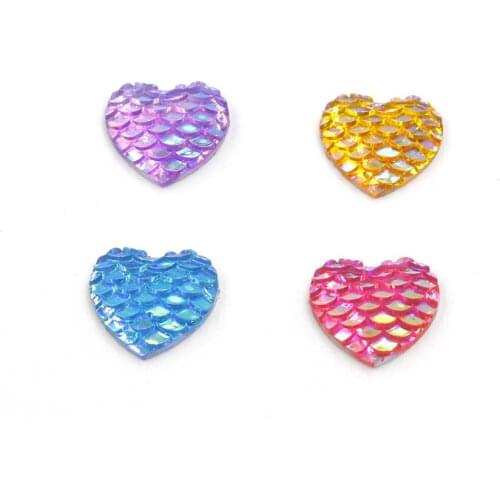 30pcs/lot 14mm Mixed AB Colors Heart Fish Scale Style Flat Back Resin Cabochons for DIY Handmade Earring Base Jewelry Making