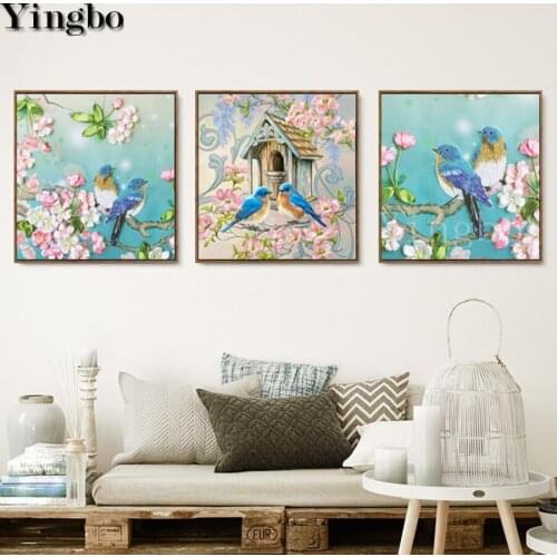 Full Square Round 5D DIY Diamond Painting Spring Birds House landscape Triptych Painting Diamond Embroidery Mosaic Cross Stitch