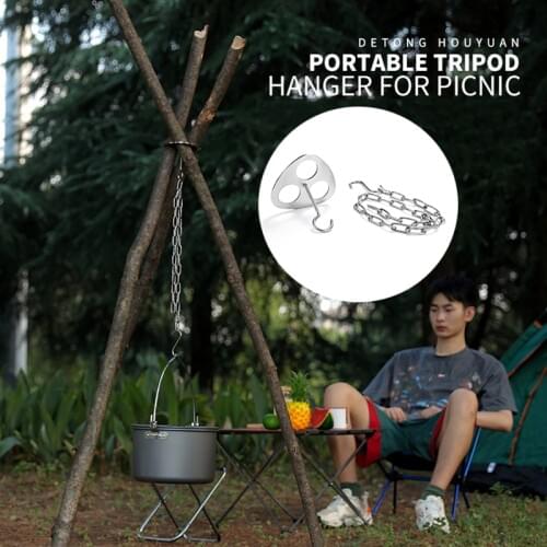 Portable Camping Stainless Steel Tripod Hanging Rack Pot Hanger Outdoor Barbecue Picnic Tools