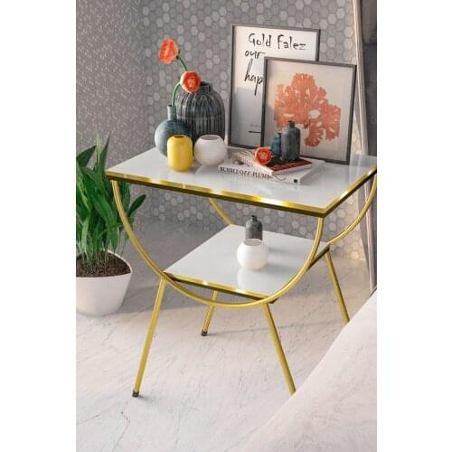 Side Coffee Table Metal Foot Double Gold White