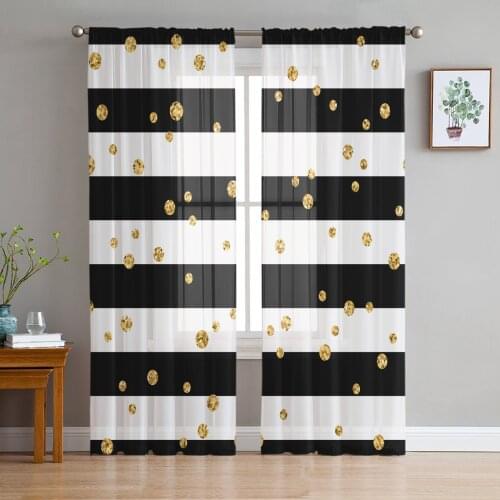 Black And White Stripes Golden Dots Tulle Sheer Window Curtains for Living Room Kitchen Children Bedroom Voile Hanging Curtain