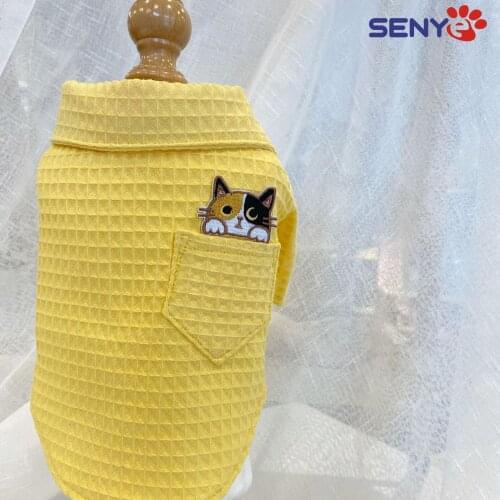 Pet Waffle Shirt Pocket Soft Skin-friendly Cartoon Embroidery Cute Shirt For Cats And Dogs Pet Accessories