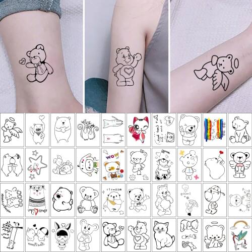 42PCS Cute Litter Bear Temporary Tattoo Kid Adult Fake Tattoos Rainbow Body Arm Art Waterproof Tatoo Sticker Men Women