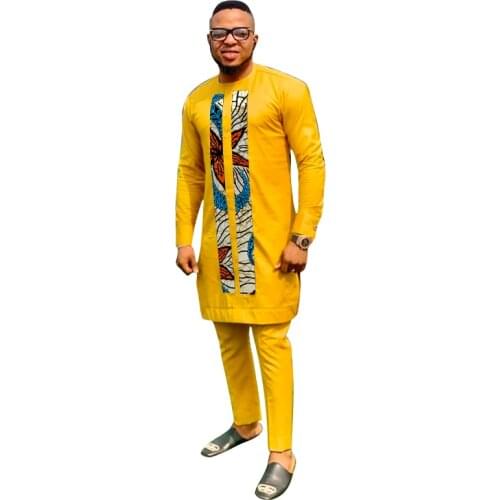 Yellow Cotton African Fashion Print Sliver Tops+Solid Trousers Mens Costume Male Casual Suits Wedding Party Suit
