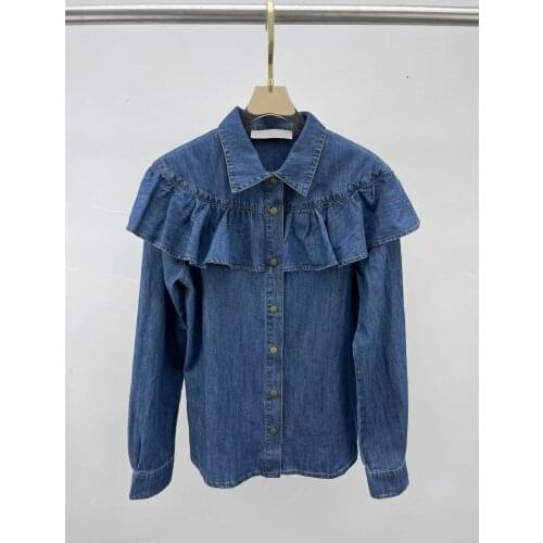 2021 New Fashion Early Autumn Women Cotton Denim Blouse Ruffles Long Sleeves Single Breasted Ladies Popular Top Blouse