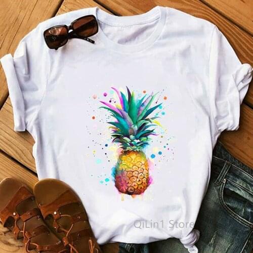 Summer 2021 Watercolor Pineapple/Donut/Ice Cream/Flower Alphabet Printed Women T Shirt Femme White Casual Clothes Top Female Tee