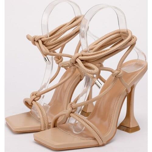 Shoes For Women Gladiator 2021 Fashion Flower PU Party Lace-Up Leisure Thin Heels Floral Square Toe Sandals Size 35-42