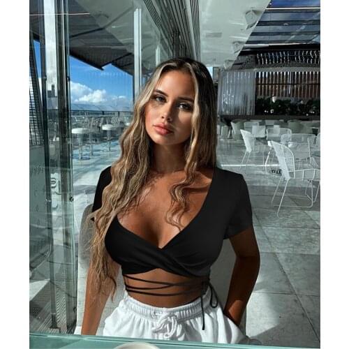 Wantmove Ladies Sexy Solid Color V Neck Short Sleeve Crop Top T Shirt 2021 Spring Backless Party Clubnight Womens Clothing