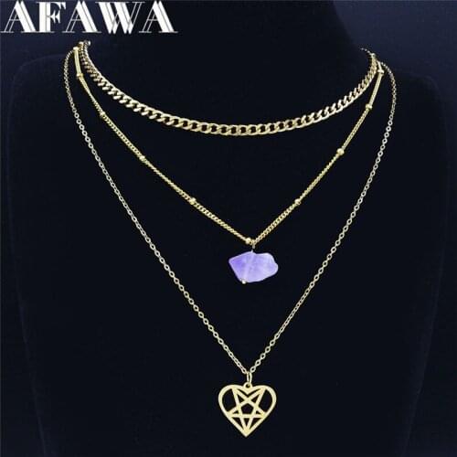 3 Layers Purple Crystal Stainless Steel Gold Color Heart Satan Pentagram Necklace Women Jewelry colgantes mujer moda N3513S03