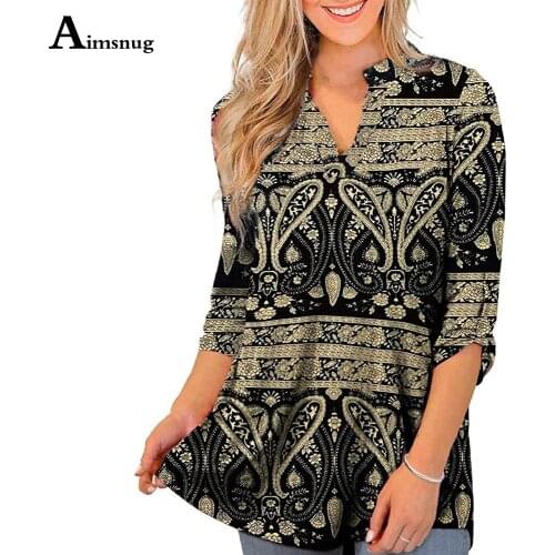 Aimsnug Plus Size Ladies Boho T-shirt Female Print Vintage 2021 Loose Womens Tops Summer New V-neck Tee Shirt Casual Pullovers