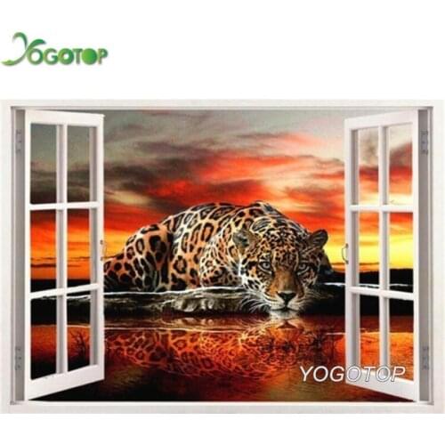 5D DIY Full drill Diamond Painting Leopard sunset Diamond Embroidery Rhinestone window outside view Picture Mosaic decor YY1389