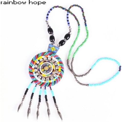 Bohemia round ethnic Ceramic pendant statement necklaces rainbow color resin beads strand Long necklace for fashion jewelry