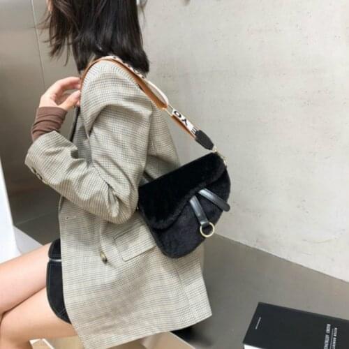 French autumn and winter plush bag womens 2021 new trendy wide band messenger bag wild one-shoulder saddle bag