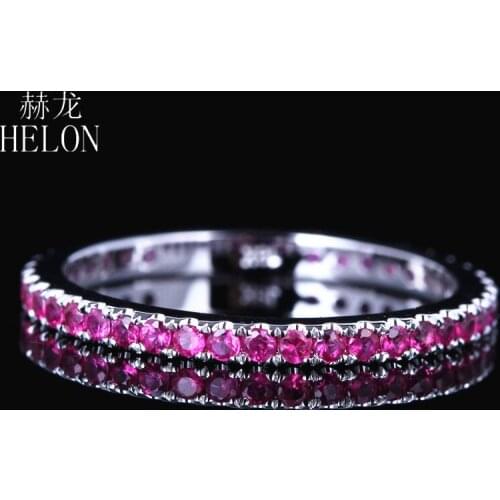HELON Real 14K White Gold Round 0.8ct Genuine Natural Ruby Engagement Wedding Ring Setting Women Full Eternity Fine Jewelry Gift