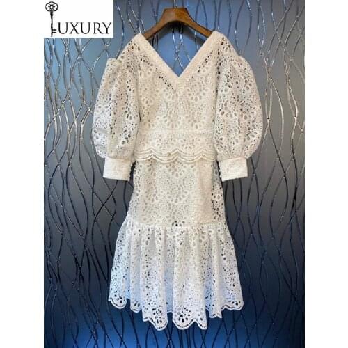 Quality Cotton 2020 Top Spring Party Sexy Club Women V-Neck Allover Lace Crochet Embroidery Ruffle Dress White Black Color