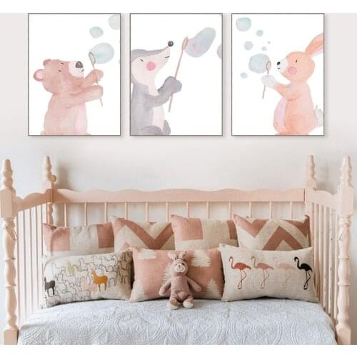 Watercolor Woodland Blow Bubble Animal Canvas Poster Nursery Room Rabbit Bear Print Painting Nodic Picture Kids Bedroom Decor
