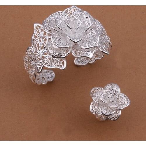 Wholesale Sterling 925 Silver Jewelry Set,925 Silver Fashion Jewelry,Flower Bangle+Ring Set SMTS449