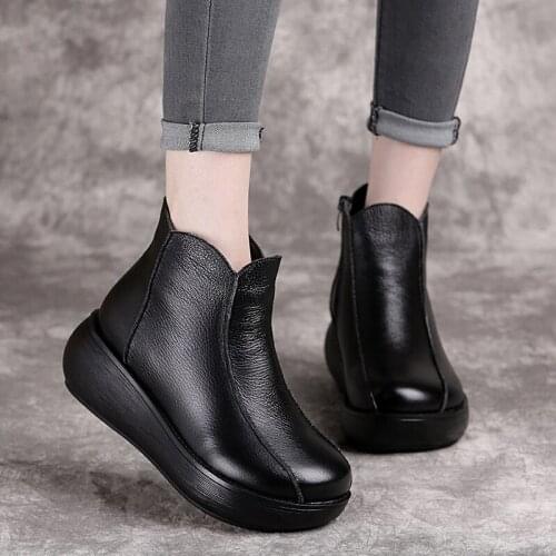 Nice Genuine Leather Snow Boots Women Platform Shoes Black Nice Leather Ankle Boots For Women Chunky Heel Boot Velvet Fur Warm