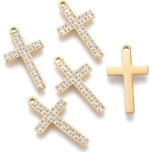Golden 316 Surgical Stainless Steel Cubic Zirconia Cross Pendants Necklace Pendant Charms for DIY Jewelry Making Accessories