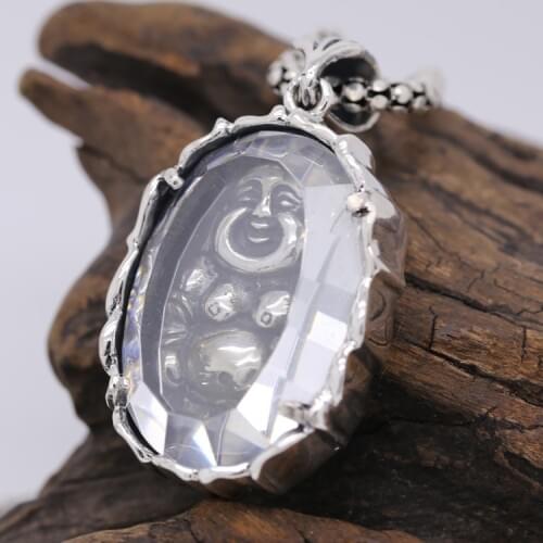 Handcrafted 925 Silver Crystal Laughing Buddha Pendant vintage sterling silver Tibetan Happy Buddha Pendant Good Luck Amulet