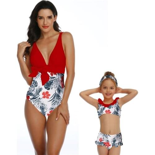 Bikini Swimsuit High Wasit One Piece Set Plus Size Parent-Child Swimwear Girls Summer Bow Print Tassel Swimswear Clothing Set