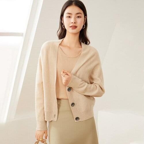 Hot Sale 2021 Spring Autumn Women 100% Goat Cashmere Female Elasticity Solid Knitted Cardigans New V-Collar Long Sleeve Tops