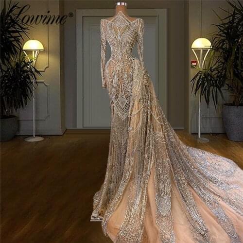 Lowime Muslim Long Beaded Evening Dresses 2021 Couture Plus Size Dubai Party Dress With Detachable Skirt Saudi Arabia Prom Dress