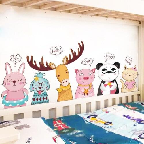 Kawaii Cartoon Animal Elk Panda Cat Bedside Wall Stickers For Kids Room Creative Kindergarten Stickers Removable Baby Cot Decal