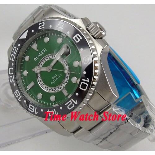 Bliger 43mm green dial sapphire glass ceramic bezel 24 hours GMT Automatic movement Mens watch men 237