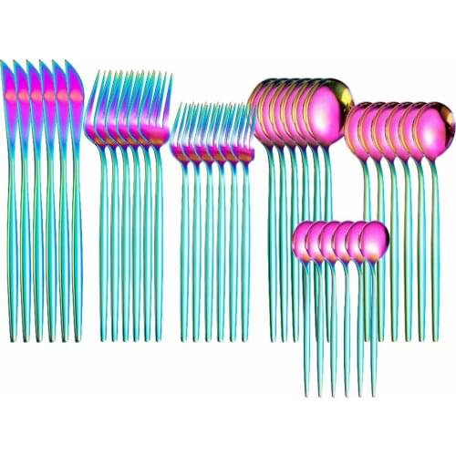 Flatware Set Stainless Steel Cutlery Set Forks Knives Spoons Tableware Set Home Mirror 36Pcs Rainbow Dinnerware Dropshipping