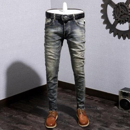 New Trendy Men Skinny Jeans Biker Destroyed Ripped Denim Pencil Pants Hip Hop Streetwear