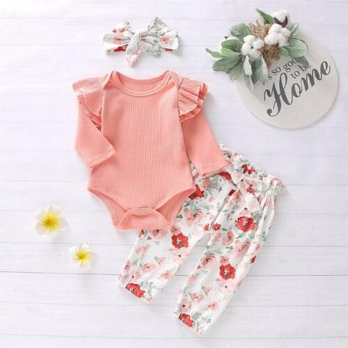 Newborn Infant Baby Girls Knit Tops Ruffle Long Sleeve Romper Floral Pants Outfits Set Clothes Kids Pink Suit