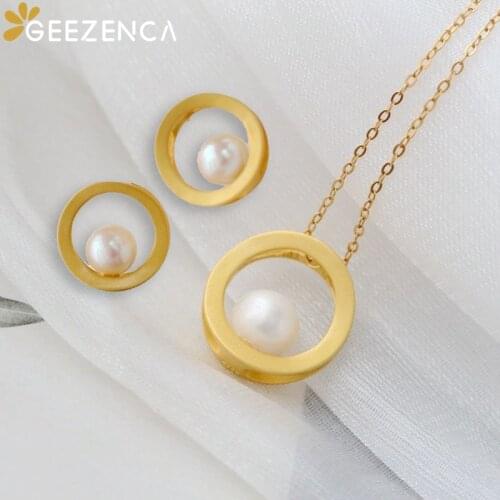 GEEZENCA 925 Silver Gold Plated Natural Pearl Pendant Necklace Earrings Jewelry Sets Korean Style Fashion Earring Necklaces Gift