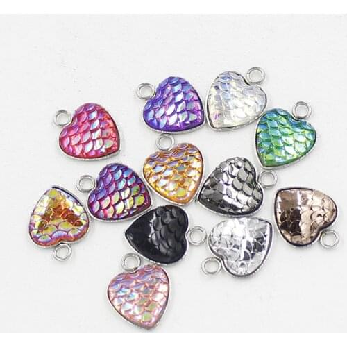12mm Stainless Steel Heart Shaped Fish Scale Pendant Floating Charms For Jewelry Making Women Colorful Hand Made Diy Accessories