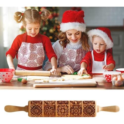 Holiday Elk Printing Rolling Pin Wooden Engraving Stick Cookie Rolling Embossing Dough Pin X2G8