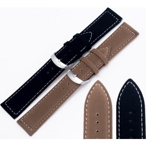 18 22mm Hot New Wholesale Men Women Genuine Suede Leather Black White Stitches Watchband Strap Belt Silver Polished Pin Buckle