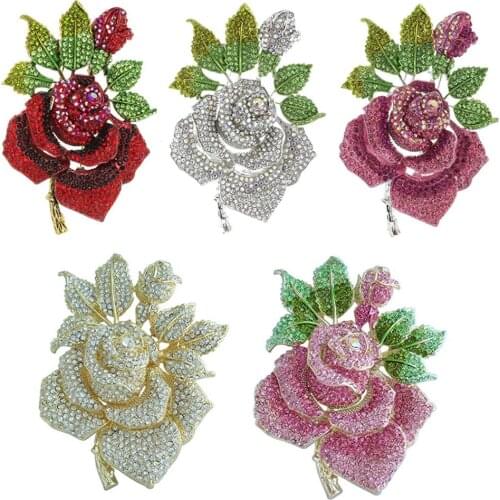 Rhinestone Floral Brooch Pins for Women Brides rose Flower Brooch Badge pin Gold tone Jewelry