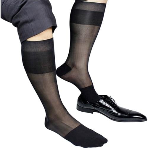 Thin Sheer Mens Nylon Silk Socks Formal Dress Suit Think N Thin Stocking Sexy See Through Kneel High Tube Cover Hose Black