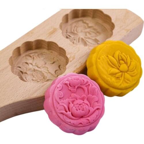 R2JC Baking Decorating Mooncake Mould Carved Round Wooden Mould Home Gift for Family