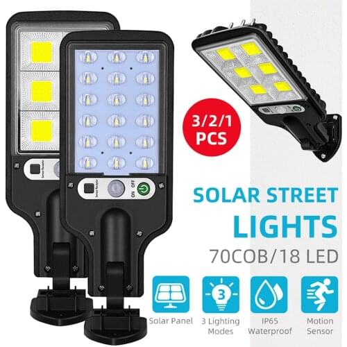 1/2/3 Pcs 70COB/18 LED Solar Street Lights Outdoor Solar Lamp 3 Light Mode Waterproof Motion Sensor Security Lighting for Garden