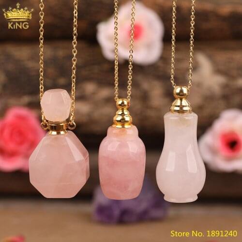Unique Roses Quartz Stone Perfume Bottle Gold Chains Necklace For Women Pink Crystal Diffuser Vial Summer Boho Jewelry Wholesale