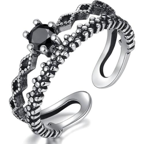 Black Cubic Zirconia Crown Vintage Adjustable Thai Silver Color Ring For Women Mens Korean Trendy Simple Tibetan Jewelry S-R2198