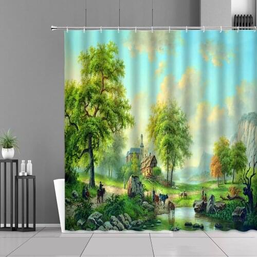 Shower Curtain 3D European Landscape Landscape Woods Elk Oil Painting Bathroom Curtains Polyester Bathtub Screen Home Decorati