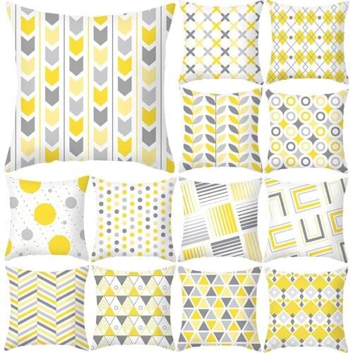 Yellow Gray Geometric Pillowcase Polyester Cushion Cover 45X45 Striped Plaid Decorative Pillow Cover Sofa Cushions Home Decor