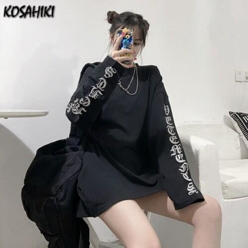 KOSAHIKI Long-Sleeved T-Shirt Female Korean Letter Print Reflective Fashion Casual Round Neck Harajuku Loose Multicolor T-Shirt